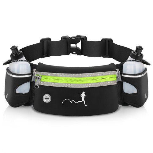 Hydration Running Belt with Water Bottles(2 x 300ML), Luckit Upgraded Nylon Webbing Running Waist Bag Reflective Bum Bag Adjustable Sports Waist Pouch for Marathon Running Hiking Camping Jogging